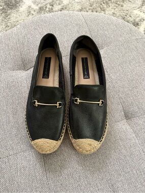 Steve Madden Black Leather Espadrille Loafers with Gold Hardware